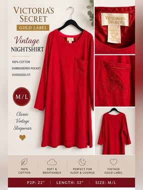 Vintage Victoria’s Secret Gold Label Red Cotton Nightshirt M/L Embroidered